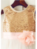 Gold Sequin Ivory Tulle Knee Length Flower Girl Dress With Flower Sash